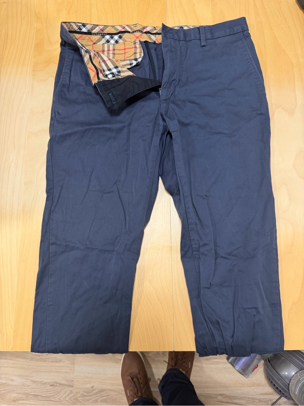 Burberry Navy Chinos with Signature Check Waistband